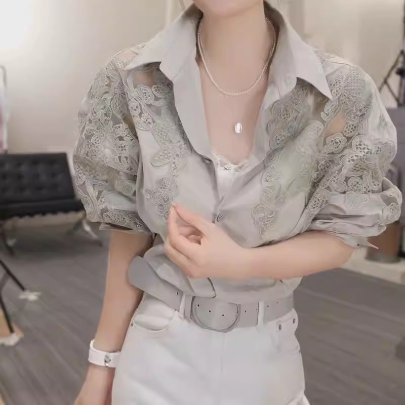 骨格ウェーブ 大人レース切替シアーシャツ